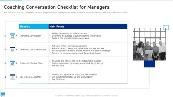 Performance Training Action Plan And Extensive Strategies Coaching Conversation Checklist For Managers Slides PDF