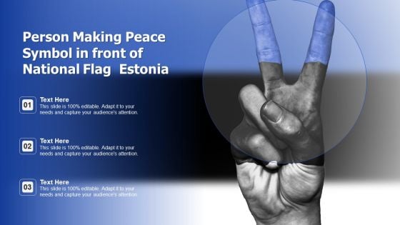 Person Making Peace Symbol In Front Of National Flag Estonia Ppt PowerPoint Presentation Gallery Diagrams PDF