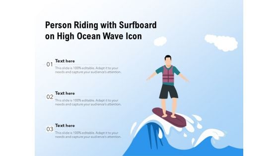 Person Riding With Surfboard On High Ocean Wave Icon Ppt PowerPoint Presentation Outline Graphics Example PDF