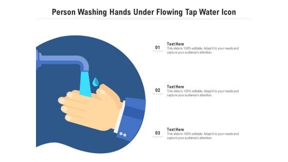 Person Washing Hands Under Flowing Tap Water Icon Ppt PowerPoint Presentation Gallery Icons PDF