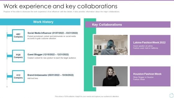 Personal Branding Plan For Executives Work Experience And Key Collaborations Diagrams PDF Personal Branding Plan For Executives Work Experience And Key Collaborations Diagrams PDF