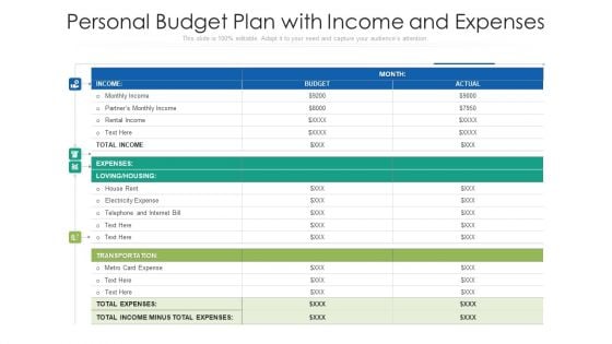 Personal Budget Plan With Income And Expenses Ppt PowerPoint Presentation Portfolio Brochure PDF