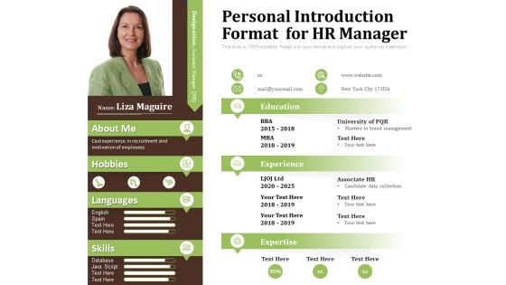 Personal Introduction Format For HR Manager Ppt PowerPoint Presentation Gallery Slide PDF
