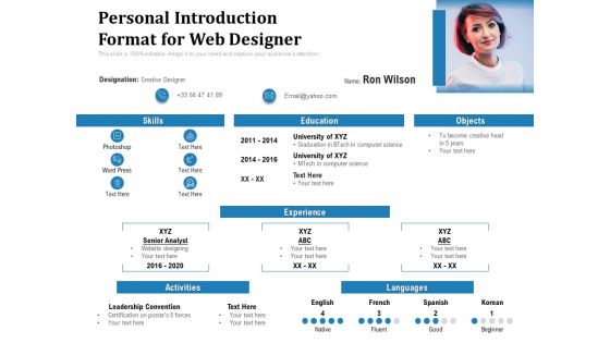 Personal Introduction Format For Web Designer Ppt PowerPoint Presentation Gallery Example Introduction PDF