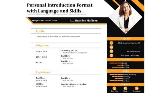 Personal Introduction Format With Language And Skills Ppt PowerPoint Presentation Gallery Objects PDF