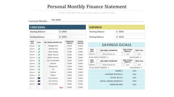 Personal Monthly Finance Statement Ppt PowerPoint Presentation Styles Visuals PDF