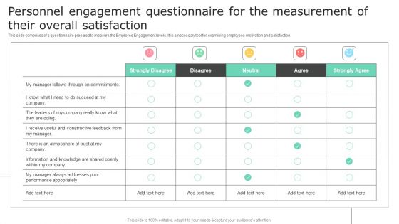 Personnel Engagement Questionnaire For The Measurement Of Their Overall Satisfaction Demonstration PDF