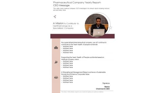 Pharmaceutical Company Yearly Report CEO Message One Pager Documents