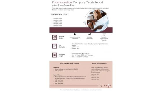 Pharmaceutical Company Yearly Report Medium Term Plan One Pager Documents