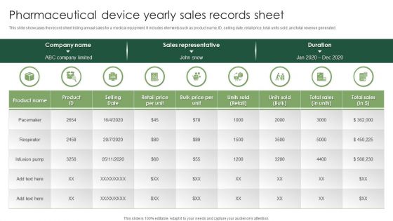 Pharmaceutical Device Yearly Sales Records Sheet Designs PDF Pharmaceutical Device Yearly Sales Records Sheet Designs PDF