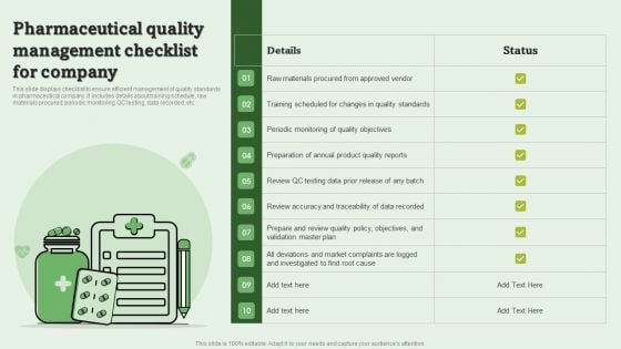 Pharmaceutical Quality Management Checklist For Company Ppt PowerPoint Presentation Slides Graphic Images PDF