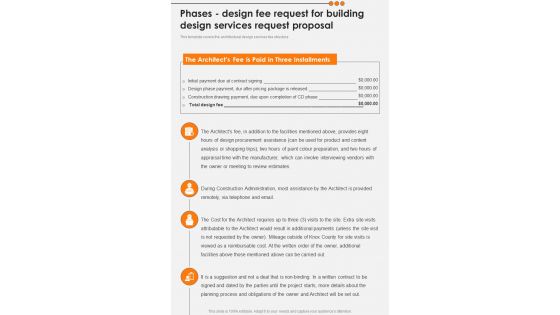 Phases Design Fee Request For Building Design Services Request Proposal One Pager Sample Example Document