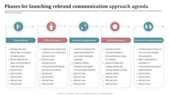 Phases For Launching Rebrand Communication Approach Agenda Inspiration PDF