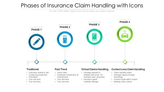 Phases Of Insurance Claim Handling With Icons Ppt PowerPoint Presentation Infographic Template Examples PDF