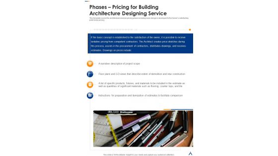 Phases Pricing For Building Architecture Designing Service One Pager Sample Example Document