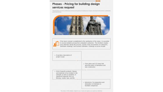 Phases Pricing For Building Design Services Request One Pager Sample Example Document