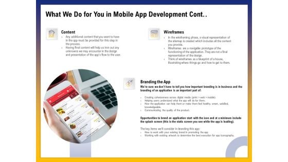 Phone Application Buildout What We Do For You In Mobile App Development Cont Ppt PowerPoint Presentation Model Portfolio PDF