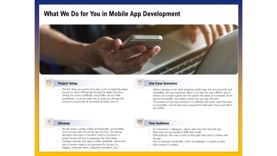 Phone Application Buildout What We Do For You In Mobile App Development Ppt PowerPoint Presentation Model Slide PDF Phone Application Buildout What We Do For You In Mobile App Development Ppt PowerPoint Presentation Model Slide PDF