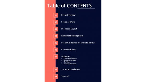 Photo Exhibition Proposal Table Of Contents One Pager Sample Example Document