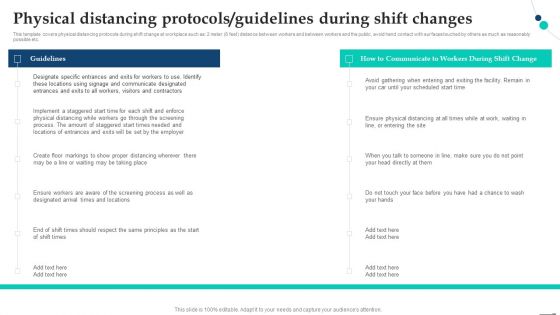 Physical Distancing Protocols Guidelines During Shift Changes Pandemic Company Playbook Diagrams PDF