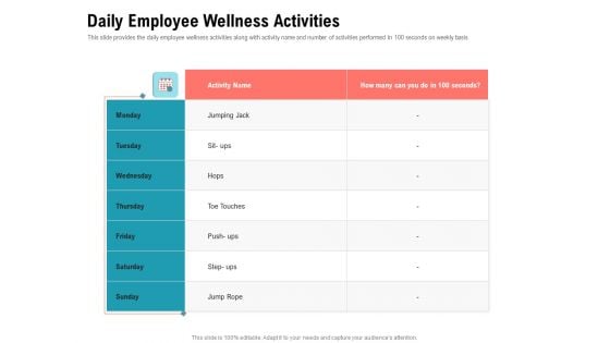 Physical Trainer Daily Employee Wellness Activities Slides PDF