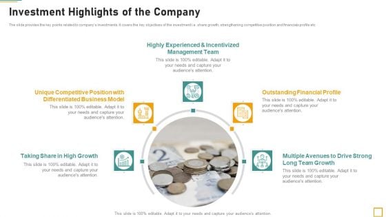 Pitch Book For Investor Funding Contract Investment Highlights Of The Company Infographics PDF