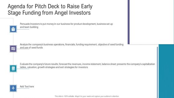 Pitch Deck For Fundraising From Angel Investors Agenda For Pitch Deck To Raise Early Stage Funding From Angel Investors Information PDF