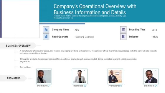 Pitch Deck For Fundraising From Angel Investors Companys Operational Overview With Business Information And Details Brochure PDF