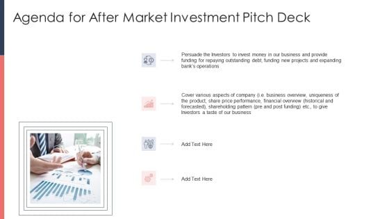 Pitch Deck For Fundraising From Post Market Financing Agenda For After Market Investment Pitch Deck Clipart PDF