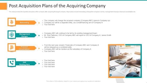 Pitch Deck For General Advisory Deal Post Acquisition Plans Of The Acquiring Company Ideas PDF