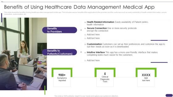 Pitch Deck For Healthcare Application Benefits Of Using Healthcare Data Management Medical App Rules PDF