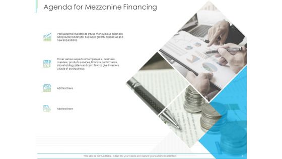 Pitch Deck For Mezzanine Financing Agenda For Mezzanine Financing Ppt Professional Visuals PDF