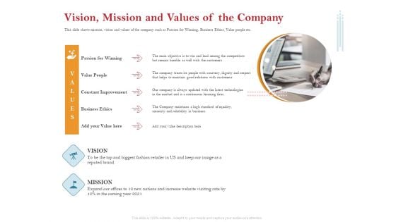 Pitch Deck For Raising Capital For Inorganic Growth Vision Mission And Values Of The Company Diagrams PDF