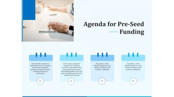 Pitch Deck For Seed Financing Agenda For Pre Seed Funding Portrait PDF