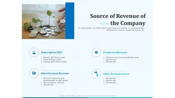 Pitch Deck For Seed Financing Source Of Revenue Of The Company Ppt Show Smartart PDF