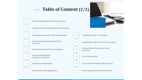 Pitch Deck For Seed Financing Table Of Content Categories Ppt Summary Rules PDF