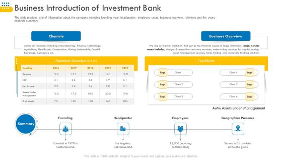 Pitch Deck For Venture Selling Trade Business Introduction Of Investment Bank Graphics PDF