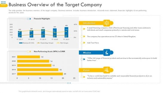 Pitch Deck For Venture Selling Trade Business Overview Of The Target Company Template PDF