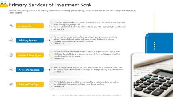 Pitch Deck For Venture Selling Trade Primary Services Of Investment Bank Graphics PDF