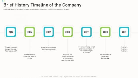 Pitch Deck Ppt Raise Funding Corporate Investors Brief History Timeline Of The Company Formats PDF
