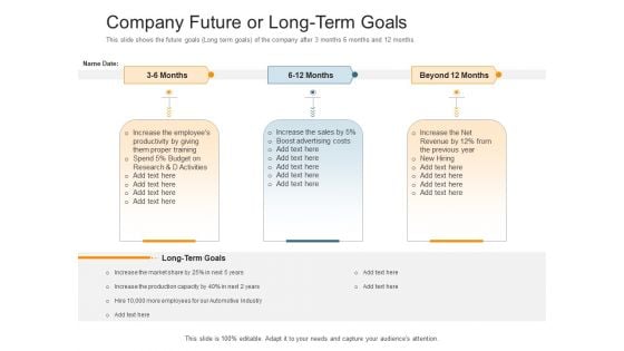 Pitch Deck Raise Capital Interim Financing Investments Company Future Or Long Term Goals Icons PDF