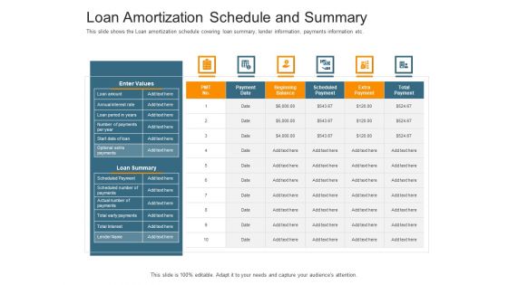 Pitch Deck Raise Capital Interim Financing Investments Loan Amortization Schedule And Summary Summary PDF