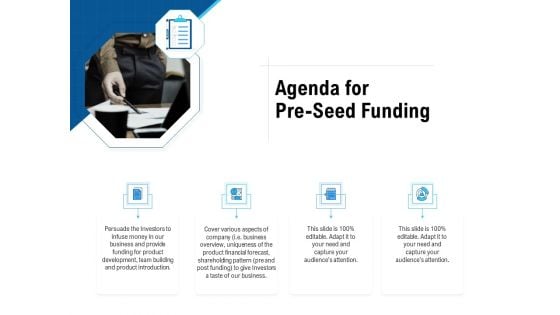 Pitch Deck To Collect Funding From Initial Financing Agenda For Pre Seed Funding Elements PDF