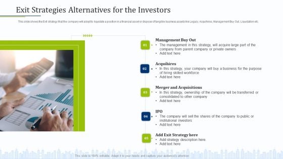 Pitch Deck To Draw External Capital From Commercial Banking Institution Exit Strategies Alternatives For The Investors Icons PDF