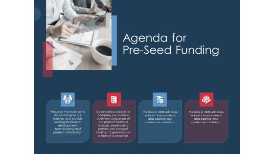 Pitch Deck To Gather Funding From Initial Capital Agenda For Pre Seed Funding Portrait PDF