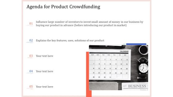 Pitch Deck To Raise Capital From Product Pooled Funding Agenda For Product Crowdfunding Demonstration PDF