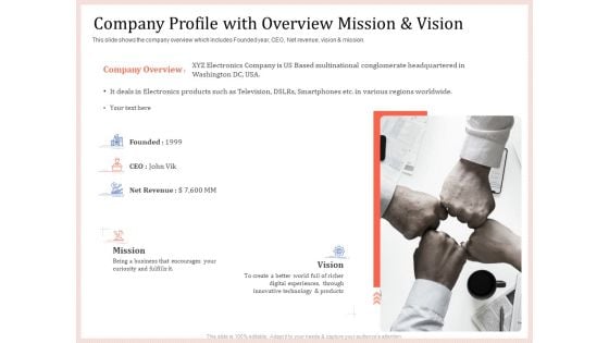 Pitch Deck To Raise Capital From Product Pooled Funding Company Profile With Overview Mission And Vision Designs PDF