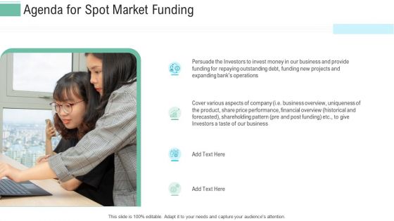 Pitch Presentation Raise Money Spot Market Agenda For Spot Market Funding Pictures PDF