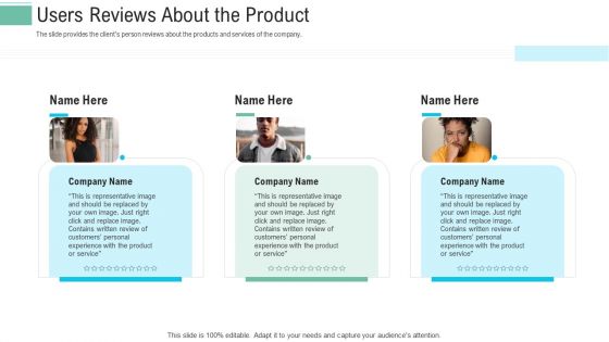 Pitch Presentation Raise Money Spot Market Users Reviews About The Product Ppt Layouts Picture PDF