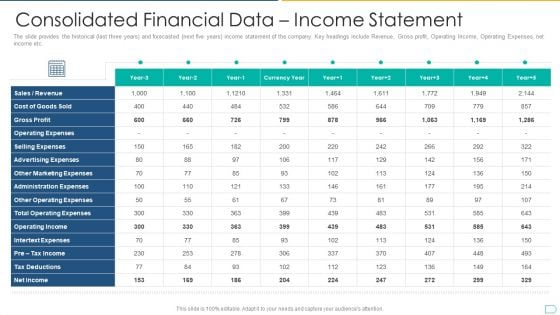 Pitchbook For IPO Deal Consolidated Financial Data Income Statement Graphics PDF